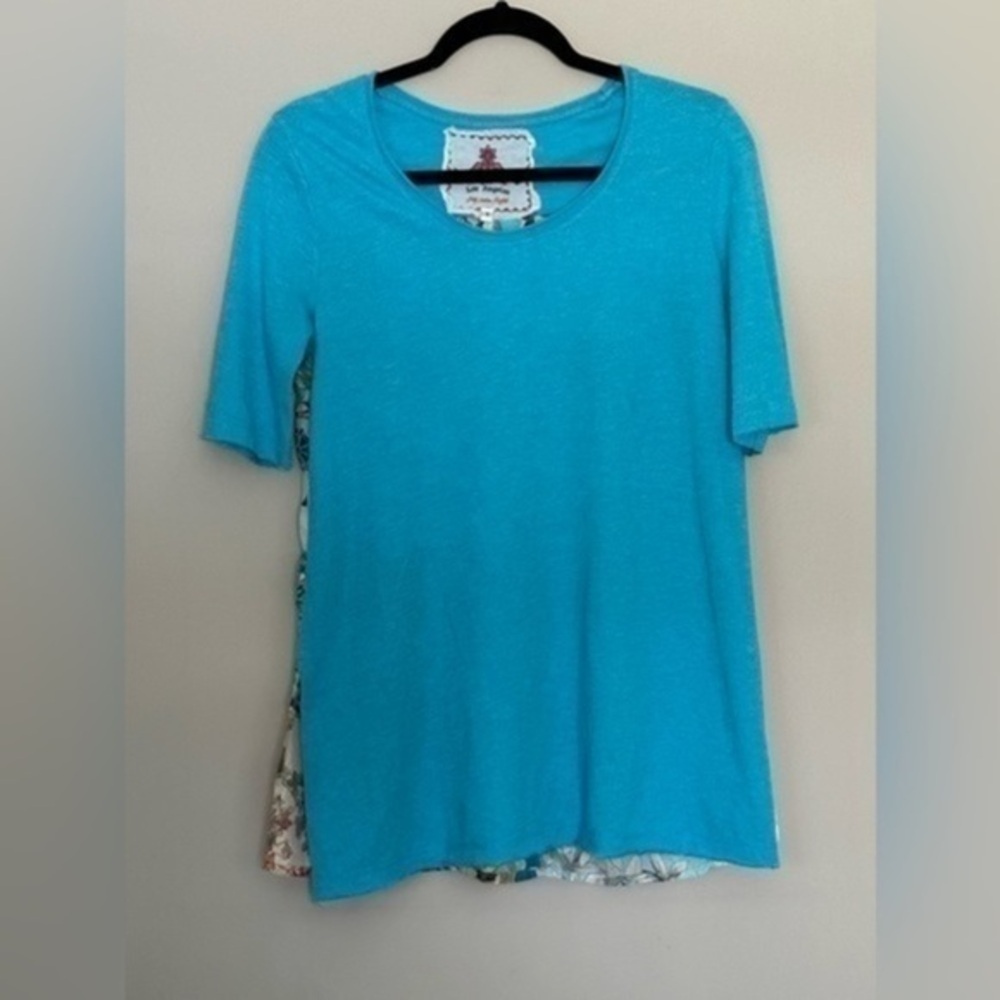 Johnny Was Blue Scoop Neck Split Hem Tee Shirt Size Small